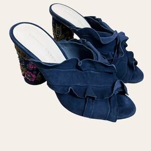 Loeffler Randall Navy Blue Ruffled Sequin Beaded Embellished Block Heel Mule 7